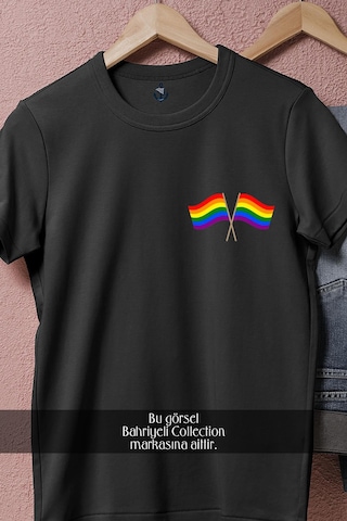 Oversize Lgbt Two Flag Cep Tasarımlı Unisex T-shirt Siyah