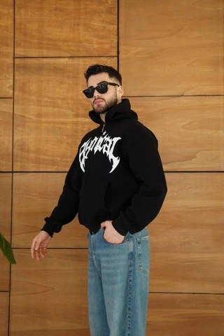 Valensdesign Erkek Kapüşonlu Sweatshirt Hoodie 3 İplik Şardonlu Pamuklu Kumaş, Önü Baskılı, Fermuarlı Rahat Kalı Siyah