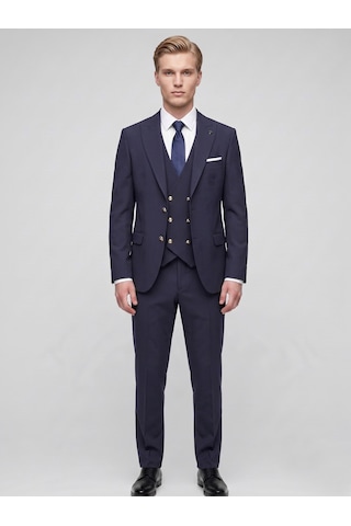 Erkek 3 Parça Slim Fit Takım Elbise Kruvaze Yelekli Modern Kesim Şık Takım Lacivert