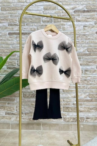 Yumuşak Pamuklu Kumaş Tül Fiyonk Aplikeli Sweatshirt Ve Fitilli İspanyol Paça Tayt Alt Üst Takım Taş