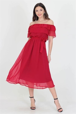 Neşeli Butik Kadın Yeni Sezon Madonna Yaka Bağlama Detaylı Şifon Elbise Ry8060 Bordo