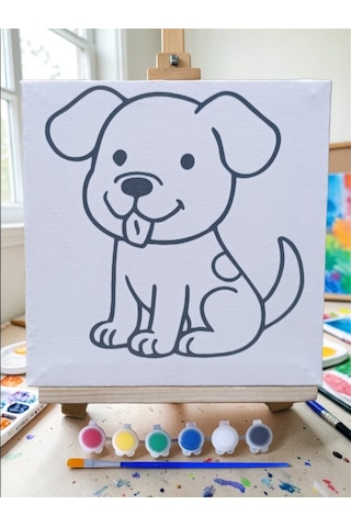 Çocuklar İçin Tuval Boyama Seti Sevimli Köpek 19x19 Cm Tuval, Şövale, Fırça Ve 6 Renk Akrilik Boya Seti