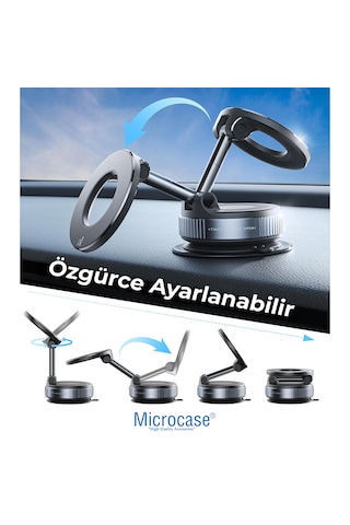 Microcase Vakumlu Manyetik Magsafe Araç İçi Telefon Tutucu - Ekran Arkası, Torpido Ve Cam Uyumlu Katlanabilir Amortisörlü Tutacak - Al5782 Gri
