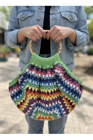 Artepieza 34x36 Çok Renkli Koton İplik Astarlı Bambu Saplı Çanta-koton El Örgüsü Astarlı Çanta-bambu Saplı Çok Renkli Koton El Örgüsü Çanta Granny Square Astarlı Yazlık Çok Renkli