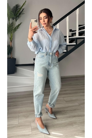 Kar Yıkama Kapalı Yırtık Mom Jean Kar Yıkama
