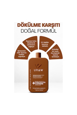 Uraw Çikolata Kafein İçerikli Yoğun Onarım ve Parlaklık Veren Şampuan 400 ML