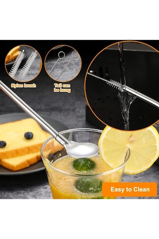 6'lı Paslanmaz Krom Pipetli Latte Kaşığı Kokteyl Kaşığı Ve Temizleme Fırçası, 22 Cm Yuvarlak Model Inox