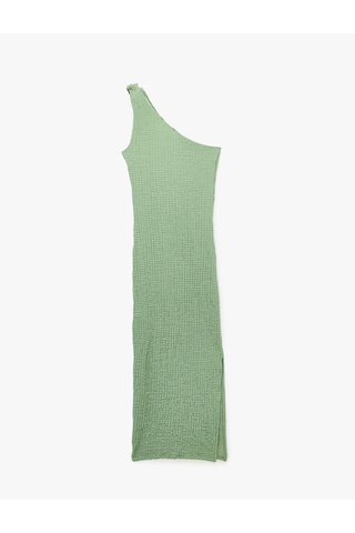 Koton Slim Fit Yırtmaç Detaylı Aksesuarlı Asimetrik Yaka Tek Omuz Bürümcük Elbise Yeşil 6sak80135uk