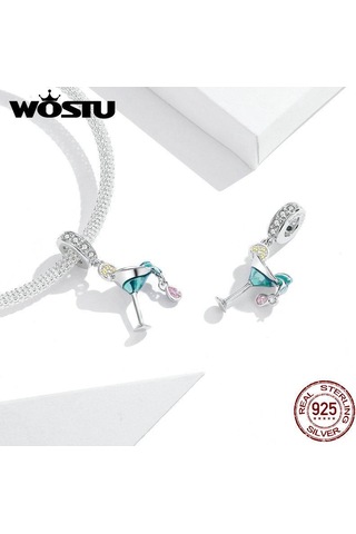 Wostu 925 Ayar Gümüş Pembe Cz Kokteyl Şarap Bardağı Dangle Charm Kolye Dıy Bilezik Takı Gümüş