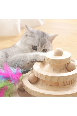 Ahşap Kedi Oyuncağı 3 Katlı Toplu Zeka Oyuncağı & Tüylü Olta Seti