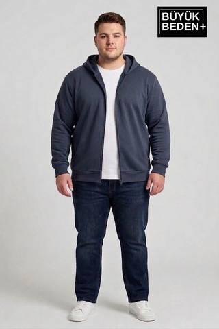 Süperlife Erkek Büyük Beden Fermuarlı Kapüşonlu İnce Sweatshirt Hırka - Rahat Kalıp Spr26bhr960 Indigo