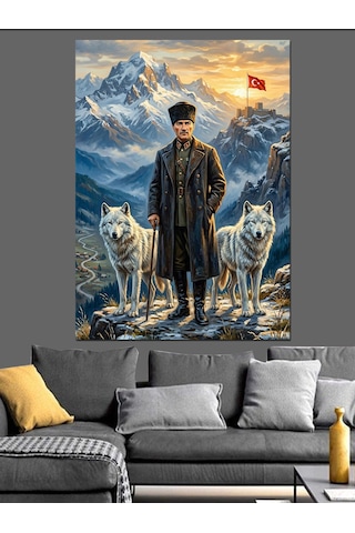 Karlı Dağlarda Bozkurtlu Atatürk Portresi Dekoratif Kanvas - Mdf Ahşap Tablo