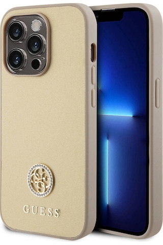 Apple Uyumlu iPhone 14 Pro Max Kılıf Guess Lisanslı Deri 4g Metal Logo Strass Kapak Siyah