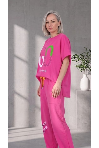 Byemelika Üzeri Taş Baskı Detaylı, Oversive, Bel Lastik Detaylı Bluz & Pantolon Takım Pembe
