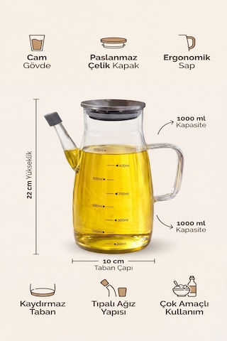 Makri Home 1000 Ml Cam Yağlık Sirkelik Sürahi, 22 Cm Yükseklik, 10 Cm Çap, Paslanmaz Çelik Kapaklı Şeffaf