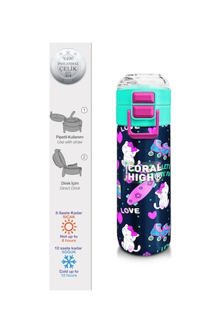 Coral High Kids Lacivert Pembe Kedili Paten Desenli Pipetli Ve Direkt İçim Çelik Termos 500 Ml 31983 Lacivert - Pembe