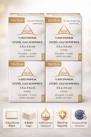 Ada Steril Kompres 7,5x7,5 Cm 4 Katlı %100 Pamuk - 100 Adet 20 Kutu