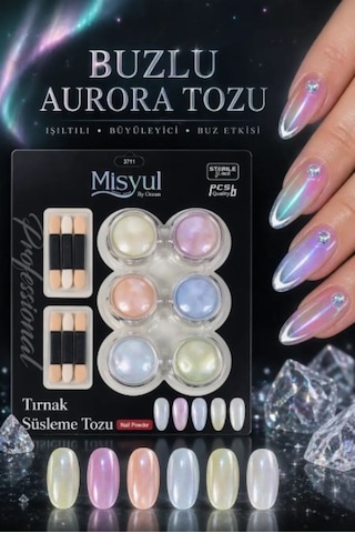 Misyul Buzlu Aurora Tozu Seti Kuzey Işıkları Efektli Kristal Nail Art Tırnak Süsleme Tozu 6'lı