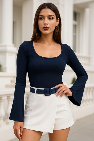 Rich Kadın Lacivert Soft Touch Fitilli Çan Kollu Bluz Lacivert