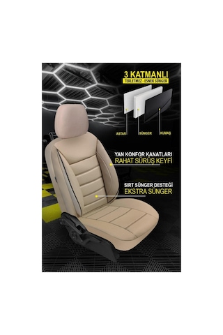 Tegin Jetdrive Ticari Araç 2+1 Üniversal Bej Deri Koltuk Kılıfı Tam Set 5 Koltuk Airbag, Cepli