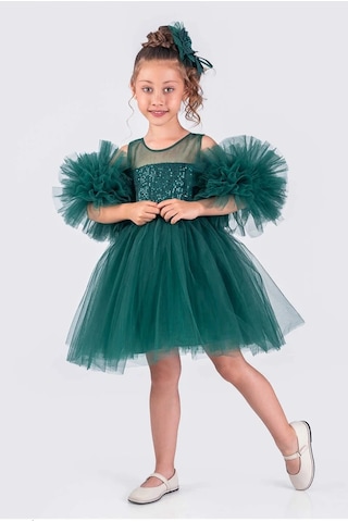 Kız Çocuk Abiye Elbise Ponpon Kol Pul Payetli Tütülü Yeşil