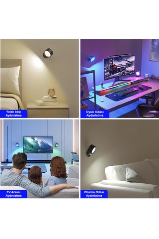 Greentech 14 Renk Dokunmatik 360 Dönebilen Magnetli Şarjlı Led Aplik - 2 Adet / Gt-cl21 Siyah