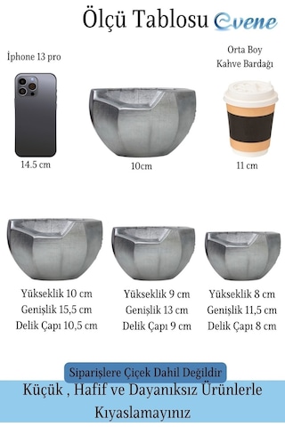 Saksı Çiçek Kaktüs Saksısı Lüx 15 Cm Önü Açık Desenli 3'lü Set Çiçeklik - Gümüş Eskitme