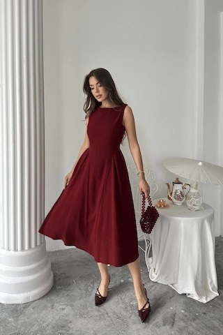 Bordo Yanları Büzgülü Midi Boy Keten Elbise Bordo
