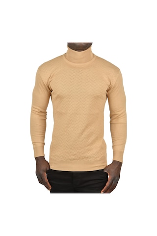 Deepsea Erkek Camel Zigzag Desenli Tam Balıkçı Yaka Dar Kesim Boğazlı Triko Kazak 2505497 Camel