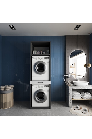 Piramit Çamaşır Ve Kurutma Makinesi Dolabı Banyo Dolabı Füme Beyaz Beyaz - Antrasit