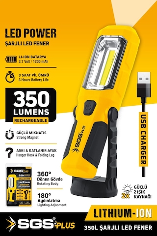 Sgs 5054 Şarjlı Mıknatıslı Ledli Fener Tamirci Aydınlatma Lambası 350 Lümen Usb Şarjlı 4 Kademeli Sarı