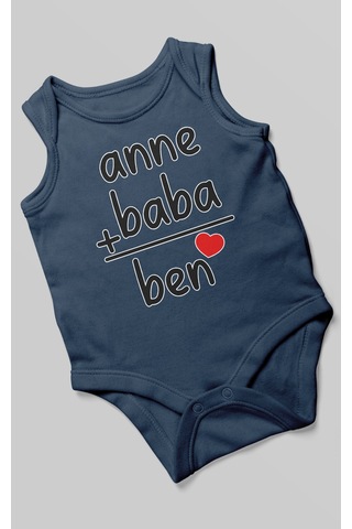 Anne Baba Ve Ben Baskılı Bebek Zıbını Çıtçıtlı Body %100 Pamuk Sıfır Kol Lacivert