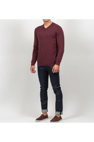 Erkek V Yaka Triko Slim Fit Pamuklu Kazak Ncs Jeans 3002-Bordo