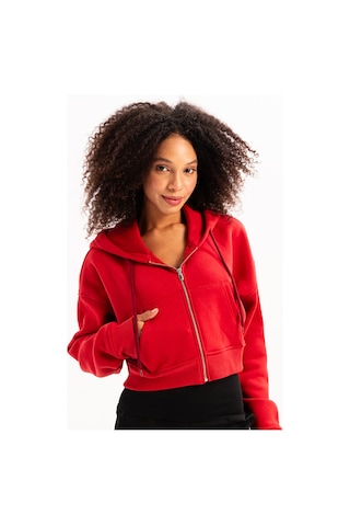 Justever Crop Kapüşonlu Fermuarlı Kanguru Cepli Şardonlu Hoodie Kırmızı Kadın Sweatshirt - Lumen Kırmızı