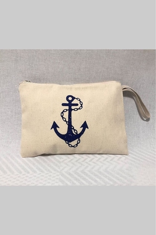 Obidev Tahta Baskı Çapa Desenli Clutch ,portföy Çanta,makyaj Çantası Krem
