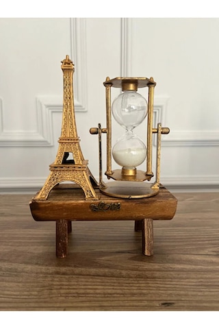 Eyfel Kulesi Cam Kum Saati Dekoratif Biblo Figür Ahşap Standlı Modern Ev Dekorasyon Hediyelik Eşya 20x14cm