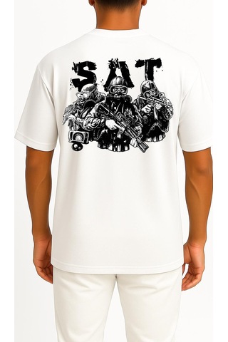 Bahriyeli Collection Oversize Effective Sat Cep Ve Sırt Baskılı Unisex T-shirt Beyaz