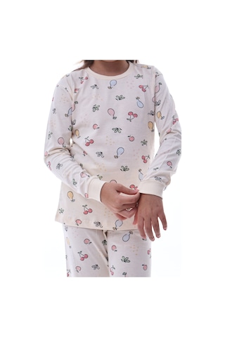 Meyve Desenli Kız Çocuk Pijama %100 Pamuk, Rahat Ve Yumuşak Kumaşlı Set Krem