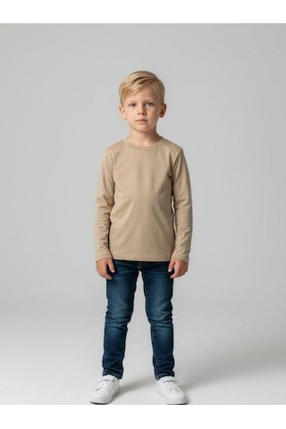 Zekids Erkek Çocuk Pamuklu Uzun Kol Basic T-shirt-16713 Bej