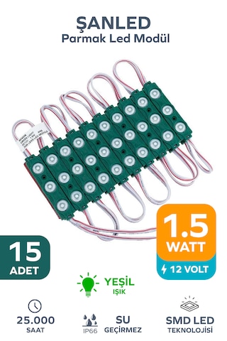 3 Ledli Parmak Led Modül 1.5w 2835 Smd Mercekli Yeşil Renk 12v 15 Adet