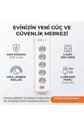 5'li Gece Lambalı Priz Akım Gerilim Korumalı Çoklu Priz 2xusb 2xtype-c Çıkışlı Uzatma Priz Çoğaltıcı 2 M