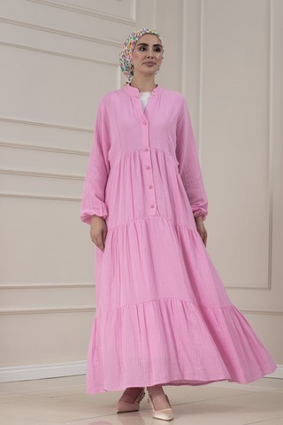Sevitli Müslin Kumaş Robalı İvana Elbise-pembe-5813