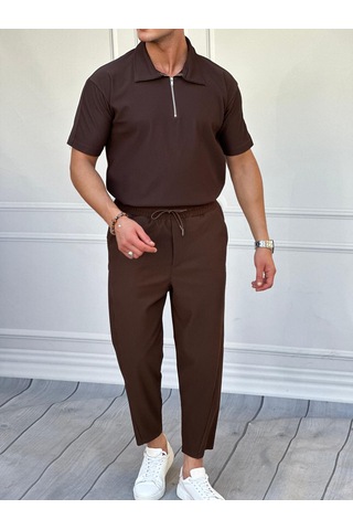 Modefendi Fermuar Detaylı Fitilli Oversize Alt Üst Takım Kahverengi