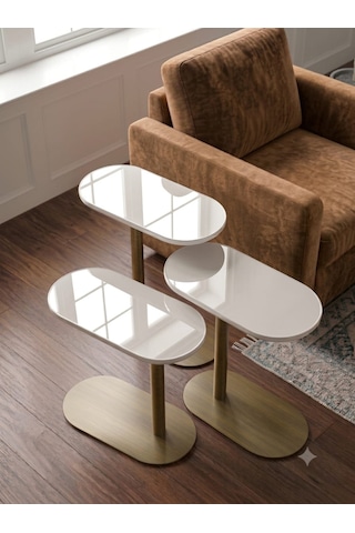 Beyaz Renk Üst Tabla , Cappicino Renk Metal Ayaklı 3'lü Zigon Sehpa Seti Salon /koltuk Altı Sehpa Yan Sehpa - C Sehba Modern Sehba Cappıcıno-beyaz