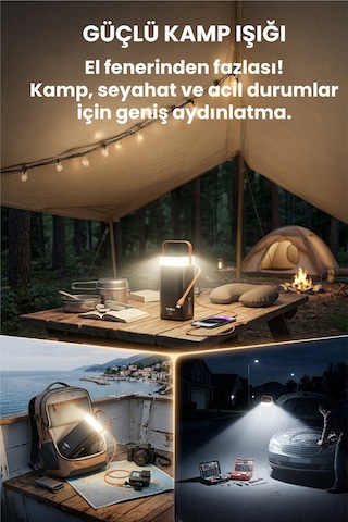 40.000 Mah Hızlı Şarj Powerbank Kamp Işığı Güçlü El Feneri Kablolu Göstergeli Taşınabilir Batarya Siyah