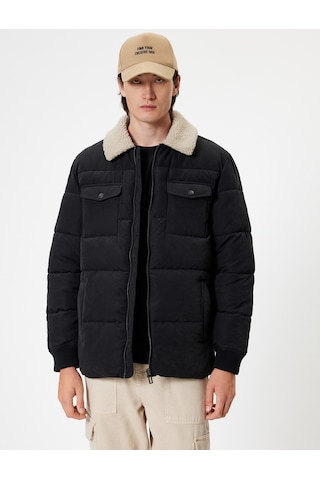 Koton Slim Fit Şişme Mont Peluş Yaka Detaylı Fermuarlı Siyah 5wam20089hw Siyah