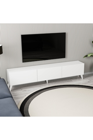 1250 Elisa 3 Kapaklı Kulpsuz 180 Cm Ayaklı Tv Ünitesi Beyaz