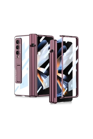 Samsung Uyumlu Galaxy Z Fold 4 Kılıf Zore Kıpta Standlı Kalem Bölmeli Kapak Mürdüm