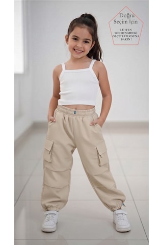 Smalltouch Kız Çocuk Paçası Ve Beli Ayarlanabilir Lastikli Paraşüt Pantolon Bej