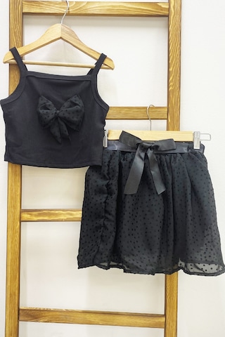 Kız Çocuk Etekli Takım Askılı Badi Fiyonklu Fırfırlı D29 Siyah